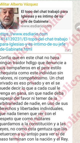 "Confío que en este chat no haya ningún traidor", escribe el Militar Alberto Vázquez en el chat de la IX de Artillería.