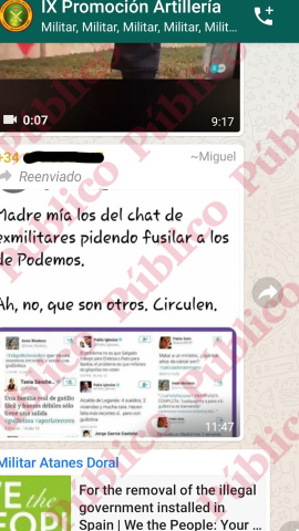 Entrada en el chat del tuit que hace burla de "fusilar a los de Podemos".