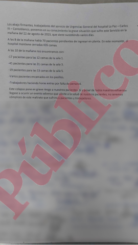 El documento firmado por los 31 trabajadores del Hospital Universitario La Paz.