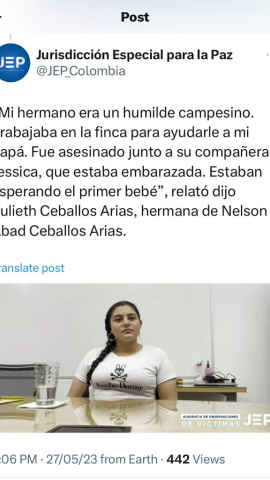 Un tuit de Yulieth Ceballos, víctima de los 'falsos positivos'.