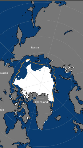 La extensión del hielo marino del Ártico para el 18 de septiembre de 2022 fue de 4,67 millones de kilómetros cuadrados (1,80 millones de millas cuadradas). La línea naranja muestra la extensión promedio de 1981 a 2010 para ese día.