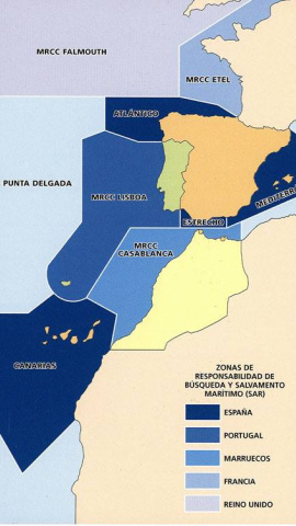 Imagen de las zonas de búsqueda y rescate de España, Marruecos y Portugal, según el derecho marítimo internacional.