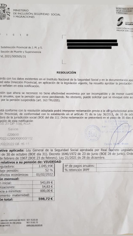 La carta que le remitió la Seguridad Social a Rosa Fernández comunicándole que no podía cobrar la pensión de viudedad.