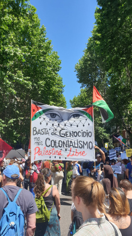 Pancarta en apoyo de Palestina durante la manifestación