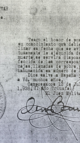 11/3/22 Nota informativa sobre el encargo de ataúdes -"cajas de pobres"- para fusilados en el campo de concentración