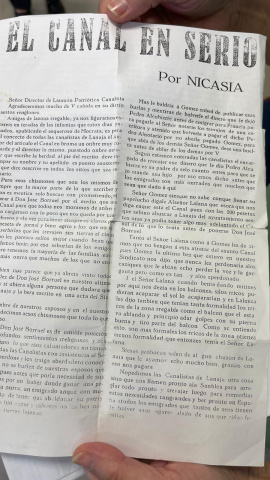 Carta original que escribió la Canalista Nicasia Lorda.