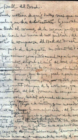 La primera de les quatre pàgines del manuscrit inèdit on Víctor Català hi descriu el Ball del Drac