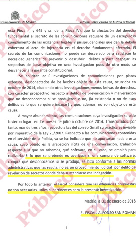 Escrito del fiscal San Román rehusando investigar la compra ilegal del spyware Pegasus