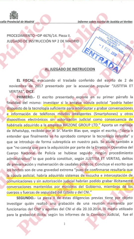 Informe del fiscal San Román rehusando investigar la compra ilegal del spyware Pegasus aludiendo al escrito recibido