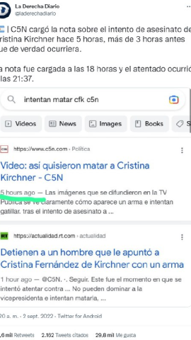 Tuit de La Derecha Diario con la captura de C5N