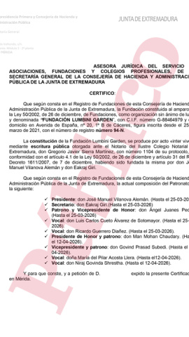 Documento oficial del Registro de Fundaciones de la Junta de Extremadura con los detalles de la Fundación Lumbini Garden