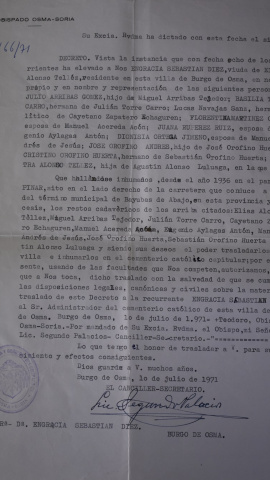 Autorización del Obispado para el traslado de los cadáveres.