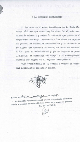 Acta de la Comisión permanente por la que se adjudican 142.000 pesetas en 1964 a obras de reparación a la Casa Cornide.