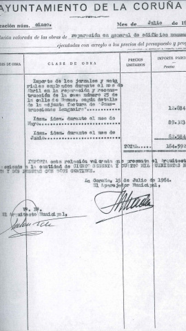 Factura del Ayuntamiento de la Coruña de 1964. Presupuesto de un millón de pesetas para la Casa Cornide en concepto de “reparación en general de edificios monumentales”.