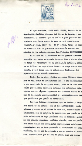 Documento inédito de José María Huber, rector de la Asociación Católica del Norte de España