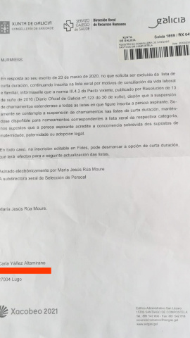 Respuesta del Sergas a Karla Yáñez a la petición del cambio de lista. - Cedida