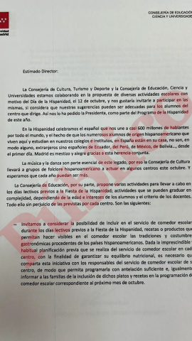 Carta remitida a los directores de los centros educativos desde la Comunidad de Madrid