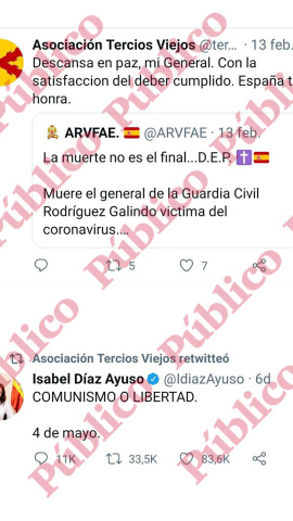 Tuit de Tercios Viejos por el general Galindo y retuit de Díaz Ayuso.