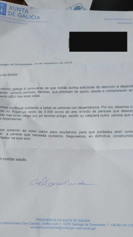 27/12/23 Imagen de una de las cartas enviadas por Rueda a las familias beneficiarias de ayudas a la dependencia.