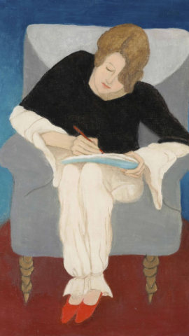 Gabriele MünterSeñora escribiendo en un sillón (Estenografía: Mujer suiza en pijama)1929Lienzo, 61,5 × 46,2 cm The Gabriele Münter and Johannes Eichner Foundation, Múnich