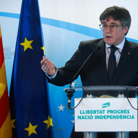 El president de Junts, Carles Puigdemont, en una roda de premsa a Brusel·les després de la reunió de la permanent, 17 de gener de 2025.