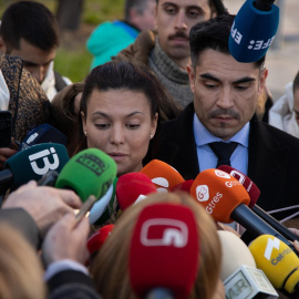 La actriz Elisa Mouliaá ofrece declaraciones a los medios a su salida de declarar de los juzgados de Plaza de Castilla, junto a su abogado, Alfredo Arrién, a 16 de enero de 2025, en Madrid (España).