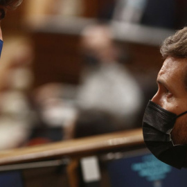 Pablo Casado, presidente del PP, en su escaño del Congreso. EFE