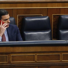 El presidente del Gobierno, Pedro Sánchez, en el Congreso hablando por teléfono. EFE