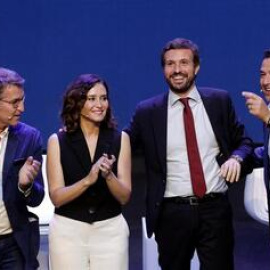 De izq. a dcha., Alberto Núñez Feijóo, Isabel Díaz Ayuso, Pablo Casado y Juanma Moreno, en el último Congreso del PP, celebrado en Valencia. EFE