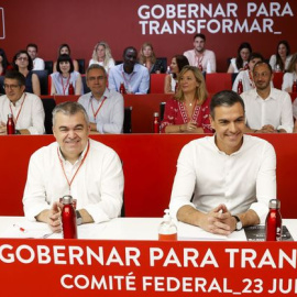 El presidente del Gobierno, Pedro Sánchez, rodeado de la cúpula del PSOE ratificada en el Comité Federal.- EFE, Mariscal