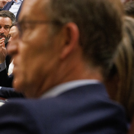  El líder de VOX, Santiago Abascal, durante una sesión plenaria en la se aprueba el uso de las lenguas cooficiales en el Congreso de los Diputados, a 19 de septiembre de 2023, en Madrid (España). Eduardo Parra / Europa Press