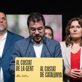 El presidente de la Generalitat de Catalunya y candidato de ERC a la reelección, Pere Aragonès, comparece tras el recuento de votos durante el seguimiento de la jornada electoral de elecciones autonómicas de Cataluña a 12 de mayo de 2024, en Barcelona