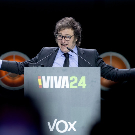 El presidente de Argentina, Javier Milei, durante el acto ‘Viva 24’ de VOX, en el Palacio de Vistalegre el 19 de mayo de 2024.