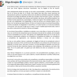  Imagen del post en X con el comunicado de Íñigo Errejón