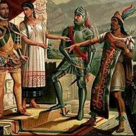 Pintura que recrea el encuentro entre Hernán Cortés y Moctezuma.