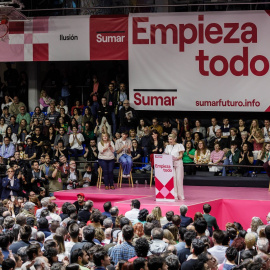  Yolanda Díaz, interviene en el acto 'Empieza todo' de la plataforma Sumar en el polideportivo Antonio Magariños. — Carlos Luján / Europa Press