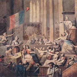 Reunión de un club de mujeres patriotas en una iglesia durante la Revolución Francesa (1789-1799).