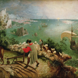  XIR3675 Landscape with the Fall of Icarus, c.1555 (oil on canvas) by Bruegel, Pieter the Elder (c.1525-69); 73.5x112 cm; Musees Royaux des Beaux-Arts de Belgique, Brussels, Belgium; (add.info.: Icarus seen with his legs thrashing in the sea;); Giraudon; 