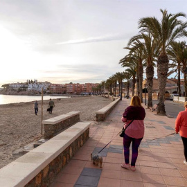 12/03/2020.- Mujeres pasean a sus perros en el paseo marítimo de la playa de Calabardina, Águilas, Murcia, este jueves. La Federación de Municipios de la Región de Murcia (FMRM) ha instado a los madrileños que han decidido viajar a los municipios cos