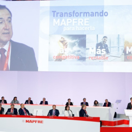 El presidente de Mapfre, Antonio Huertas, durante la junta de accionistas de la aseguradora.