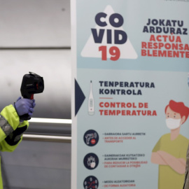 Una voluntaria de la DYA toma la temperatura a una viajero antes de embarcar en una unidad del metro de Bilbao. EFE/LUIS TEJIDO.