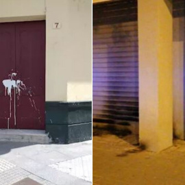 Puerta de la sede provincial del PSOE en Cádiz con pintura en la cerradura (izquierda) / Sede central del PSC en Barcelona (derecha). / EUROPAPRESS / TWITTER