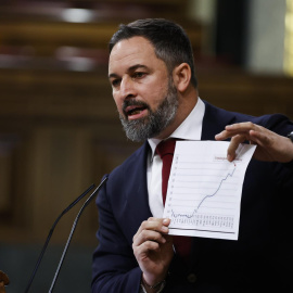  El líder de Vox, Santiago Abascal, durante su intervención tras la comparecencia del presidente del Gobierno, Pedro Sánchez, ante el pleno del Congreso para informar de las conclusiones del Consejo Europeo, la Cumbre de la OTAN y las relaciones con Ma