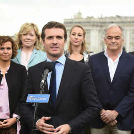 El líder del PP, Pablo Casado, en la presentación de la lista del PP para las elecciones europeas. / FERNANDO VILLAR / EFE