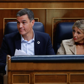  El presidente del Gobierno, Pedro Sánchez (i) y la ministra de Trabajo, Yolanda Díaz (d) este jueves en el Congreso donde el presidente comparece para informar de las medidas económicas y sociales adoptadas ante la crisis provocada por la guerra en Uc