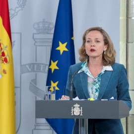 La vicepresidenta de Asunto Económicos, Nadia Calviño, en rueda de Prensa./ EFE/MONCLOA/Borja Puig de la Bellacasa