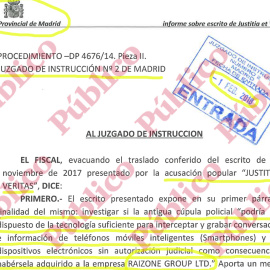 Encabezamiento del informe del fiscal Alfonso San Román oponiéndose a investigar la compra ilegal del sistema israelí de interceptación de smartphones que se usó para espiar a políticos catalanes.