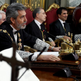 El presidente del CGPJ y del Tribunal Supremo, Carlos Lesmes durante su intervención en la ceremonia de toma de posesión de tres nuevos jueces. E.P./Pool