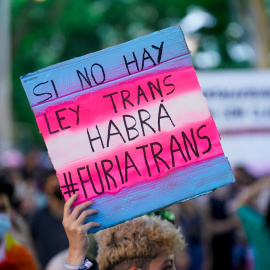  Una chica sostiene una pancarta en una manifestación centrada en el colectivo trans, a 28 de junio de 2021, en Madrid, (España). - EUROPA PRESS