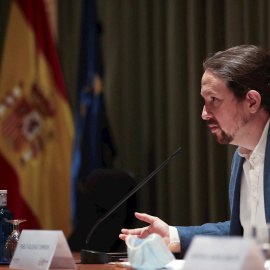 22/07/2020.- El vicepresidente segundo del Gobierno, Pablo Iglesias, durante su participación en el curso "La Agenda 2030: El gran reto mundial de esta década", dentro de los cursos de verano de la Universidad Complutense. EFE/David Fernández